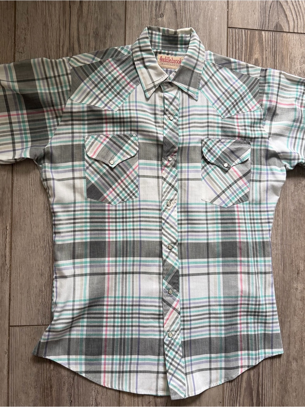 Vintage 80s/90s Saddlebrook Men’s Western Pearl snap short sleeve plaid shirt M